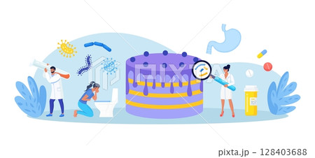 Woman with symptoms of food poisoning is holding a sick stomach. Nausea, intoxication. Inspector doing quality control of food. Food poisoning from poor quality cake. Pathogenic microorganisms Woman with symptoms of food poisoning is holding a sick stomach. Nausea, intoxication. Inspector doing quality control of food. Food poisoning from poor quality cake. Pathogenic microorganisms 128403688