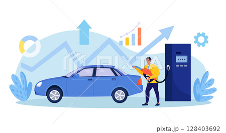 Driver refueling auto at petrol station with fuel gun. High price for car fuel. People wasting money for gasoline. Fuel economy and money savings 128403692