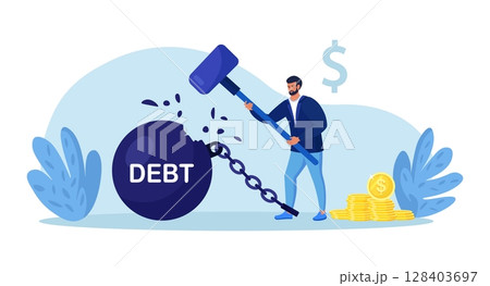 Businessman trying to destroy debt ball with hammer. Man smashes burden of taxes. Financial independence. Lack of debts. Person solve financial problems. Character freed from monetary obligations Businessman trying to destroy debt ball with hammer. Man smashes burden of taxes. Financial independence. Lack of debts. Person solve financial problems. Character freed from monetary obligations 128403697