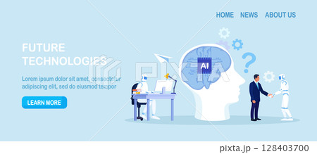 Businessman collaborates with smart AI brain. Business automation. AI robot performance. Robotic assistance. Human and artificial intelligence work together, machine assists or supports the work 128403700