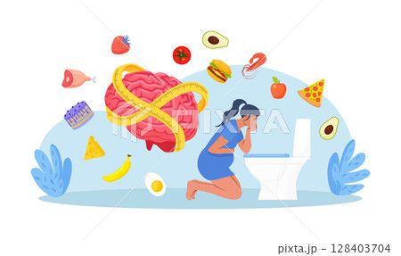 Bulimia nervosa, anorexia disease. Sad unhealthy woman vomiting in toilet. Eating disorders as psychological unhealthy diet illness. Excessive weight control, food limitation. Mental health disorder 128403704