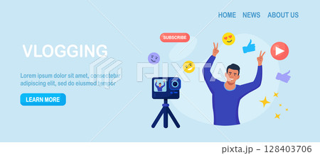 Social media post, blogging. Influencer, blogger make video blog content. Character in front of camera recording video to share it in internet. Live streaming, broadcast. Selfie creative idea Social media post, blogging. Influencer, blogger make video blog content. Character in front of camera recording video to share it in internet. Live streaming, broadcast. Selfie creative idea 128403706