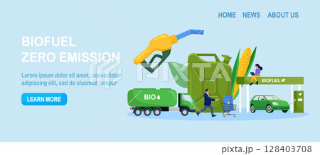 Biofuel petrol refill station with vehicles. Renewable energy source derived from organic materials. Reducing greenhouse gas emissions. Alternative green diesel. Environmental care, sustainability 128403708