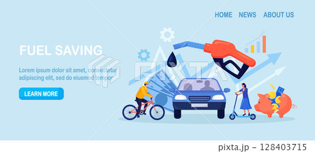 High price for car fuel. People wasting money for gasoline, changing car for bike, scooter. Fuel economy and money savings. Driver refueling auto at gas station with fuel gun 128403715