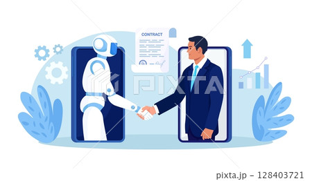 Ai robot and businessman shaking hands. Partnership between man, humanoid robots. Online collaboration between human, artificial intelligence. Contract with cyborg, future machine Ai robot and businessman shaking hands. Partnership between man, humanoid robots. Online collaboration between human, artificial intelligence. Contract with cyborg, future machine 128403721