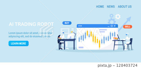 Artificial intelligence, robot trader. Trading bot analyze cryptocurrency market data, financial exchange, earning profit. AI for automation trading on stock market Artificial intelligence, robot trader. Trading bot analyze cryptocurrency market data, financial exchange, earning profit. AI for automation trading on stock market 128403724