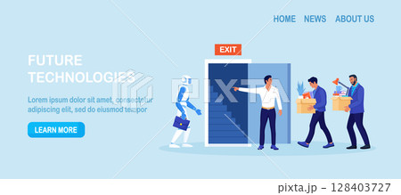 Artificial Intelligence AI robot is replacing humans. People is fired. Unemployment, job loss due to technological progress, layoffs. Robotics industry. Automated labor. Robotic Process Automation 128403727