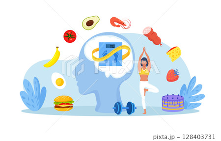 Eating disorders as psychological illness. Excessive weight control, food limitation. Woman worrying about her appearance, doing exercise. Addiction to slimming, dieting and mental guilty feeling 128403731