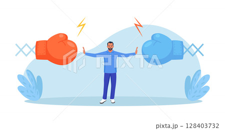 Conflict management. Man stopping conflict or fighting. Leadership skill to compromise and solving argument problem. Disagreement communication, negotiation. Business deal conversation 128403732