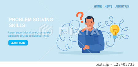 Confused man thinking about idea, finding solutions. Problem solving skill, creativity to solve difficult issue. Human thoughts process, strategic thinking to create and develop solution 128403733