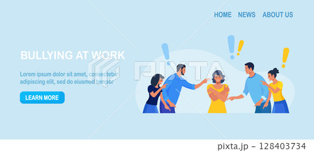 Group of violent people bullying, accusing coworker. Employees point fingers and laugh. Toxic work, abuse, bullying colleagues. Exhausted depressed employee. Angry furious characters yelling at woman Group of violent people bullying, accusing coworker. Employees point fingers and laugh. Toxic work, abuse, bullying colleagues. Exhausted depressed employee. Angry furious characters yelling at woman 128403734