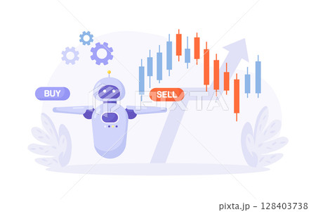 Artificial intelligence, robot trader. Trading bot analyze cryptocurrency market data, financial exchange, earning profit. AI for automation trading on stock market Artificial intelligence, robot trader. Trading bot analyze cryptocurrency market data, financial exchange, earning profit. AI for automation trading on stock market 128403738
