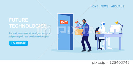 Humanoid robot working at computer in office workspace. Artificial intelligence, AI. Automation business process. Work organization. Project management, software development. Automated business system Humanoid robot working at computer in office workspace. Artificial intelligence, AI. Automation business process. Work organization. Project management, software development. Automated business system 128403743