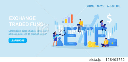 Exchange Traded Funds. ETF. Businessman tracking investment index trading in stock market. Financial broker. Income, investment and saving concept. Business character making financial operation Exchange Traded Funds. ETF. Businessman tracking investment index trading in stock market. Financial broker. Income, investment and saving concept. Business character making financial operation 128403752