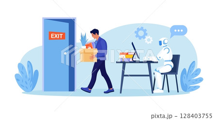 Artificial Intelligence is replacing humans. AI robot fires an employee. Unemployment, job loss due to technological progress, layoffs. Robotics industry. Automated labor. Robotic Process Automation 128403755