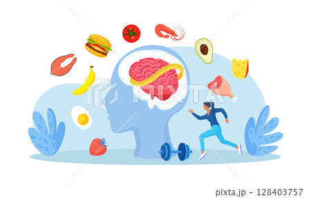 Eating disorders as psychological illness. Excessive weight control, food limitation. Woman worrying about her appearance, doing exercise. Addiction to slimming, dieting and mental guilty feeling Eating disorders as psychological illness. Excessive weight control, food limitation. Woman worrying about her appearance, doing exercise. Addiction to slimming, dieting and mental guilty feeling 128403757