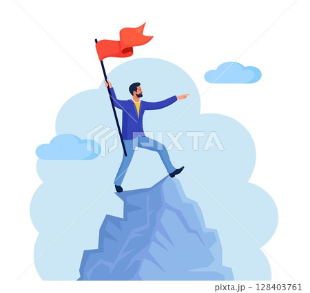Businessman climbed to top of mountain and hoisted flag on it. Career, professional achievement, ambition. Man stands on mountain peak, celebrates victory. Business development, success, growth 128403761