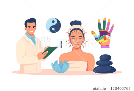 Chinese traditional alternative medicine. Acupuncture, treatment of internal organs. Practitioner therapist, acupuncturist working on female patient. Aromatherapy. Stress relief, healing process Chinese traditional alternative medicine. Acupuncture, treatment of internal organs. Practitioner therapist, acupuncturist working on female patient. Aromatherapy. Stress relief, healing process 128403765