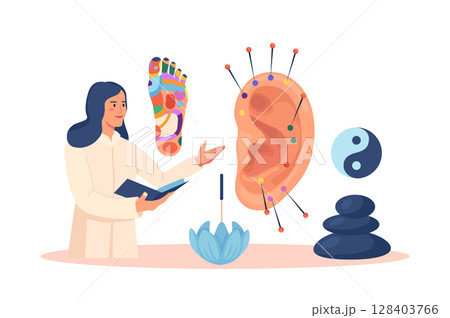 Acupuncture therapy, chinese traditional alternative medicine for disease prevention. Reflex zones of ear, feet, palm hand. Stress relief healing process. Acupuncturist inserting needles in ear points 128403766