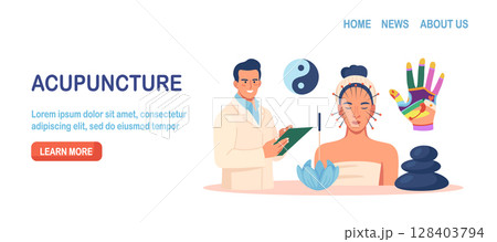 Chinese traditional alternative medicine. Acupuncture, treatment of internal organs. Practitioner therapist, acupuncturist working on female patient. Aromatherapy. Stress relief, healing process 128403794