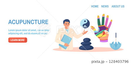 Acupuncture therapy, chinese alternative medicine for disease prevention. Hand reflexology chart with description of corresponding internal organs. Stress relief. Acupuncturist analyzes reflex zones Acupuncture therapy, chinese alternative medicine for disease prevention. Hand reflexology chart with description of corresponding internal organs. Stress relief. Acupuncturist analyzes reflex zones 128403796