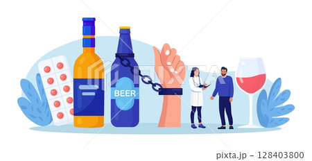 Addiction treatment, recovery and rehabilitation. Life-threatening condition. Person in depression addicted to drugs, alcohol. Drink man chained to alcohol bottle. Strong hangover. Alcoholism therapy Addiction treatment, recovery and rehabilitation. Life-threatening condition. Person in depression addicted to drugs, alcohol. Drink man chained to alcohol bottle. Strong hangover. Alcoholism therapy 128403800