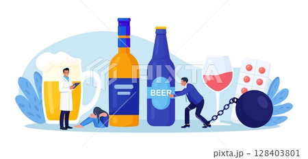 Addiction treatment, recovery and rehabilitation. Life-threatening condition. People in depression addicted to drugs, alcohol. Drink man chained to alcohol bottle. Strong hangover. Alcoholism therapy Addiction treatment, recovery and rehabilitation. Life-threatening condition. People in depression addicted to drugs, alcohol. Drink man chained to alcohol bottle. Strong hangover. Alcoholism therapy 128403801