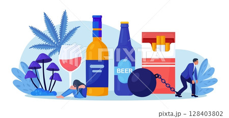 Addiction. Life-threatening condition. Sad people in depression, stress  addicted to alcohol, drugs, nicotine substances. Addict man chained to addiction. Strong hangover. Alcoholism and narcology 128403802