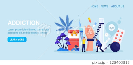 Addiction. Life-threatening condition. Sad people in depression, stress addicted to drugs, nicotine substances, alcohol. Addict man chained to bong. Strong hangover. Alcoholism and narcology Addiction. Life-threatening condition. Sad people in depression, stress addicted to drugs, nicotine substances, alcohol. Addict man chained to bong. Strong hangover. Alcoholism and narcology 128403815