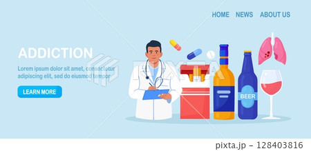 Addiction. Treatment, diagnosis of alcoholism. Doctor narcologist advises people with addictions to alcohol, narcotic and psychotropic substances, tobacco. Recovery of substance-dependent patients 128403816