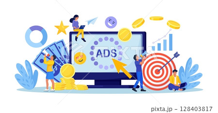 Pay Per Click concept. Advertising marketing in the internet. PPC business, CPC technology, sponsored listing. Characters standing near computer screen with cursor clicking on ad button. Web search 128403817