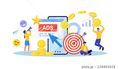 Pay Per Click concept. Advertising marketing in the internet. PPC business, CPC technology, sponsored listing. Tiny characters standing near phone screen with cursor clicking on ad button. Web search Pay Per Click concept. Advertising marketing in the internet. PPC business, CPC technology, sponsored listing. Tiny characters standing near phone screen with cursor clicking on ad button. Web search 128403819