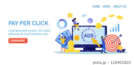 Pay Per Click concept. Advertising marketing in the internet. PPC business, CPC technology, sponsored listing. Characters standing near computer screen with cursor clicking on ad button. Web search 128403820