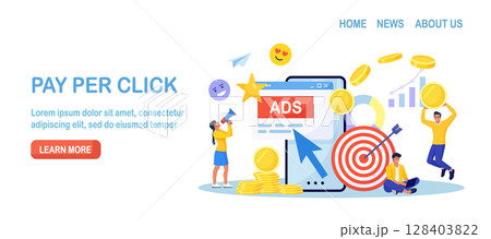 Pay Per Click concept. Advertising marketing in the internet. PPC business, CPC technology, sponsored listing. Tiny characters standing near phone screen with cursor clicking on ad button. Web search Pay Per Click concept. Advertising marketing in the internet. PPC business, CPC technology, sponsored listing. Tiny characters standing near phone screen with cursor clicking on ad button. Web search 128403822