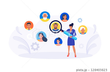 HR manager searching best candidates with magnifying glass. Job recruitment process. Finding new employee. Recruitment, hiring process. Human resources HR manager searching best candidates with magnifying glass. Job recruitment process. Finding new employee. Recruitment, hiring process. Human resources 128403823