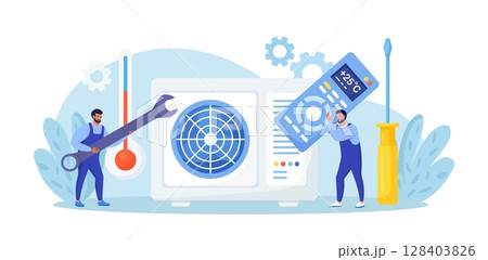 Professional service for repair of air conditioners. Maintenance and installation of cooling systems. Warranty repair and cleaning,  replacement of filters. Worker with wrench 128403826