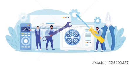 Professional service for repair of air conditioners. Maintenance, installation of cooling systems. Warranty repair and cleaning,  replacement of filters. Worker with wrench, screwdriver. Vector design 128403827