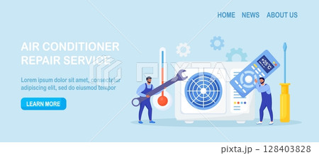 Professional service for repair of air conditioners. Maintenance and installation of cooling systems. Warranty repair and cleaning,  replacement of filters. Worker with wrench. Vector design 128403828