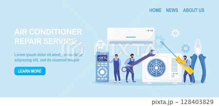 Professional service for repair of air conditioners. Maintenance, installation of cooling systems. Warranty repair and cleaning,  replacement of filters. Worker with wrench, screwdriver. Vector design 128403829