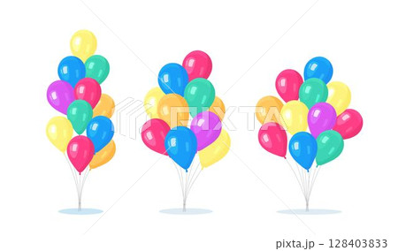Set of bunch of helium balloon, flying air balls  isolated on white background. Happy birthday, holiday concept. Party decoration 128403833