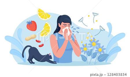 Woman with allergy from pollen, cat fur, citrus, peanuts or berry. Runny nose and watery eyes. Seasonal disease. Causes of allergy. Illness with cough, cold and sneeze symptoms Woman with allergy from pollen, cat fur, citrus, peanuts or berry. Runny nose and watery eyes. Seasonal disease. Causes of allergy. Illness with cough, cold and sneeze symptoms 128403834