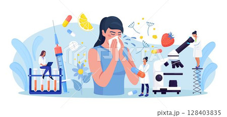 Woman with allergy from pollen, citrus, berry. Runny nose and watery eyes. Seasonal disease. Illness with cough, cold, sneeze symptoms. Doctor treat allergy with medicines, pills Examination in clinic 128403835