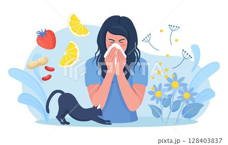 Woman with allergy from pollen, cat fur, citrus, peanuts or berry. Runny nose and watery eyes. Seasonal disease. Causes of allergy. Illness with cough, cold and sneeze symptoms 128403837