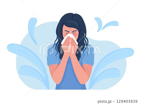 Female character sneezing, coughing in tissue. Prevention against virus, infection. Sick woman sneeze in handkerchief to prevent germs from flying from their mouths. Season allergy. Virus protection Female character sneezing, coughing in tissue. Prevention against virus, infection. Sick woman sneeze in handkerchief to prevent germs from flying from their mouths. Season allergy. Virus protection 128403839