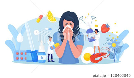 Woman with allergy from pollen, citrus, berry, shrimps, eggs. Runny nose and watery eyes. Seasonal disease. Illness with cough, cold, sneeze symptoms. Doctor treat allergy with medicines, pills 128403840