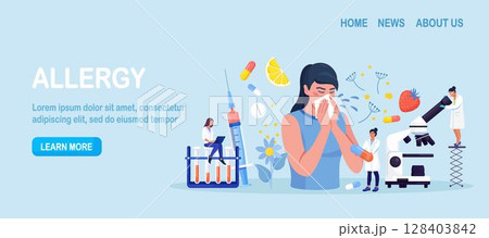 Woman with allergy from pollen, citrus, berry. Runny nose and watery eyes. Seasonal disease. Illness with cough, cold, sneeze symptoms. Doctor treat allergy with medicines, pills Examination in clinic 128403842