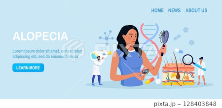Alopecia and hair problems, baldness. Woman looks sadly at strands of hair in comb. Person feel upset because of hair loss. Dermatologist diagnosis health problem, lack of vitamins, amino acids Alopecia and hair problems, baldness. Woman looks sadly at strands of hair in comb. Person feel upset because of hair loss. Dermatologist diagnosis health problem, lack of vitamins, amino acids 128403848