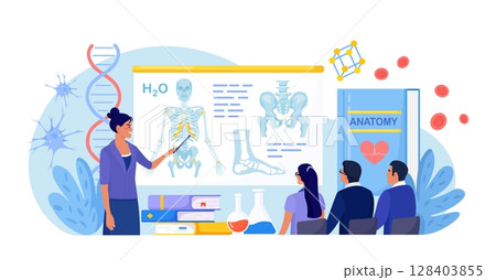 Anatomy school subject. Students studying internal human organ. Teacher pointing at chalkboard, teaching kids. People at desks learn human body nervous, bone, muscle, blood systems. Biology classes 128403855