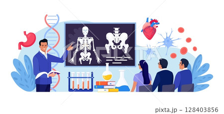 Anatomy school subject. Students studying human skeleton. Teacher pointing at chalkboard, teaching people. Pupils learn nervous, bone, organs, blood systems. Biology classes, medicine Anatomy school subject. Students studying human skeleton. Teacher pointing at chalkboard, teaching people. Pupils learn nervous, bone, organs, blood systems. Biology classes, medicine 128403856