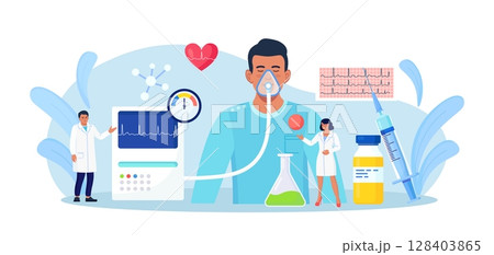 Anesthesia. Doctor anesthesiologist performing inhalation and epidural anesthesia. Patient with anesthetic oxygen mask sleeping in intensive care unit. Emergency, first aid. Preparing man for surgery 128403865